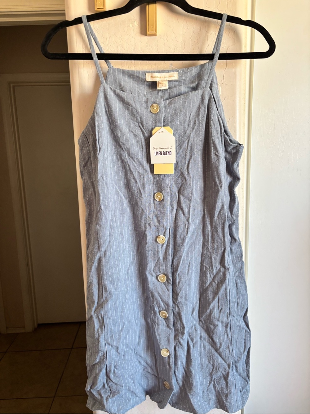 NWT Monteau LA Light Blue Pinstripe Linen-Blend Button Front Dress, Size S
